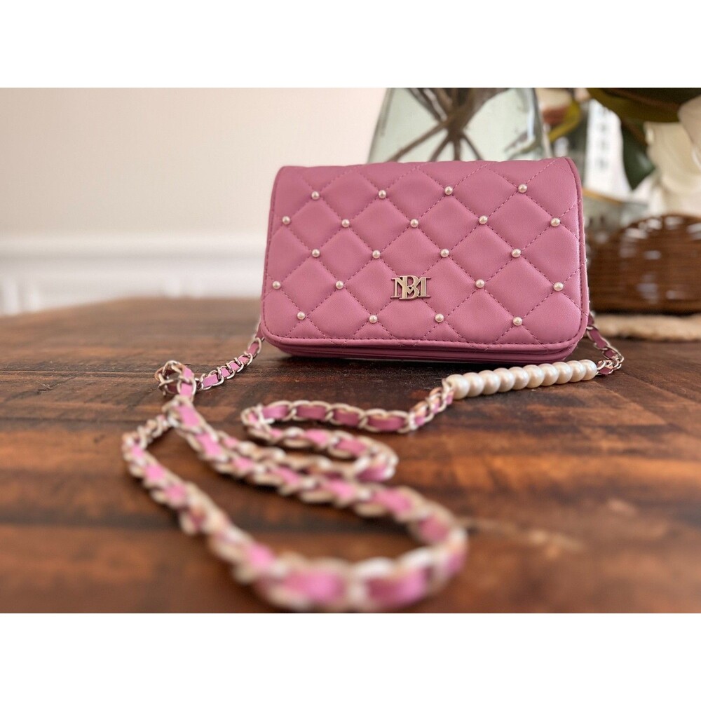 Badgley Mischka Pink Diamond Quilted Pearl Flap Crossbody Shoulder Bag - Picture 8 of 8
